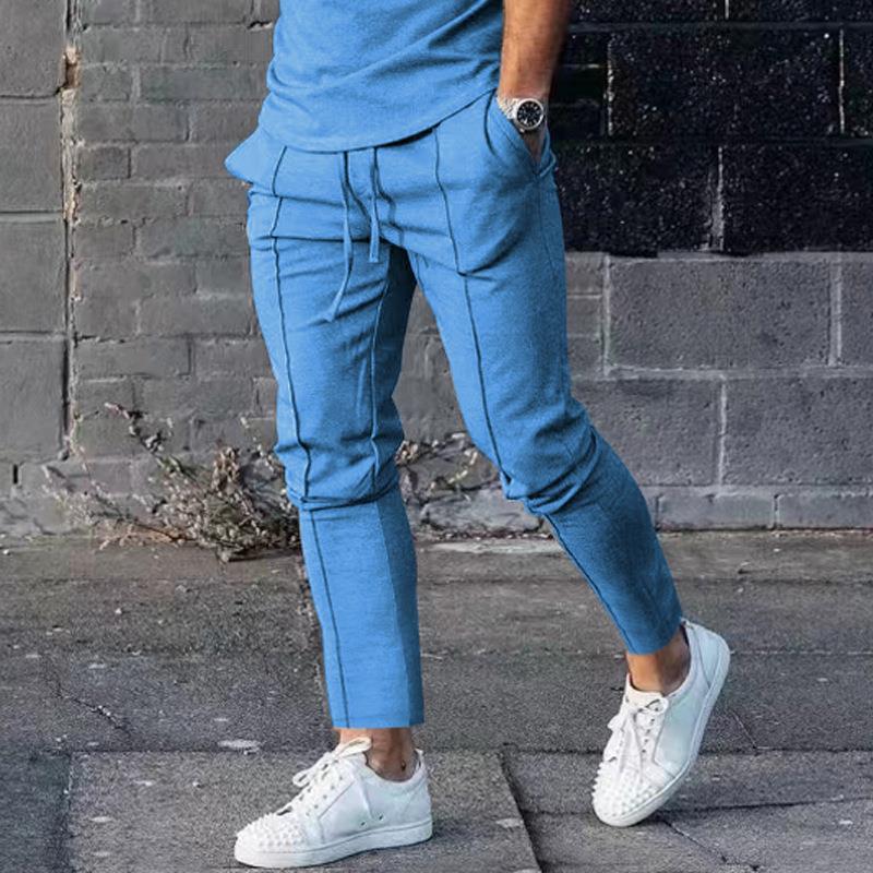 Bonsir Autumn Sports Casual Pants Men Solid Straight Slim Long Pant Drawstring Mid Waist Tie-up Trousers Mens Fashion Streetwear