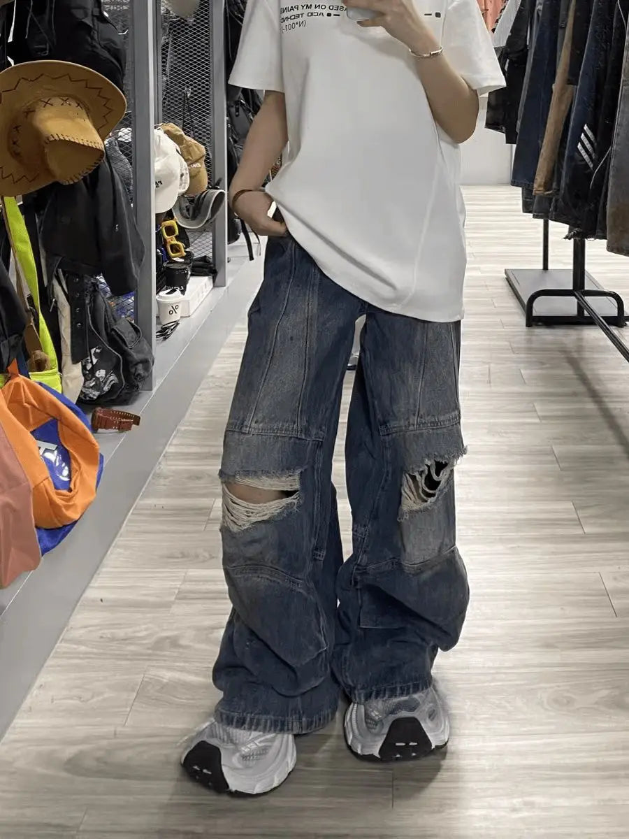 sanyamk Autumn High Street Retro Men and Women Trendy Personalized Straight Tube Washed Jeans Couple Loose Hip Hop Wide Leg Casual Pants