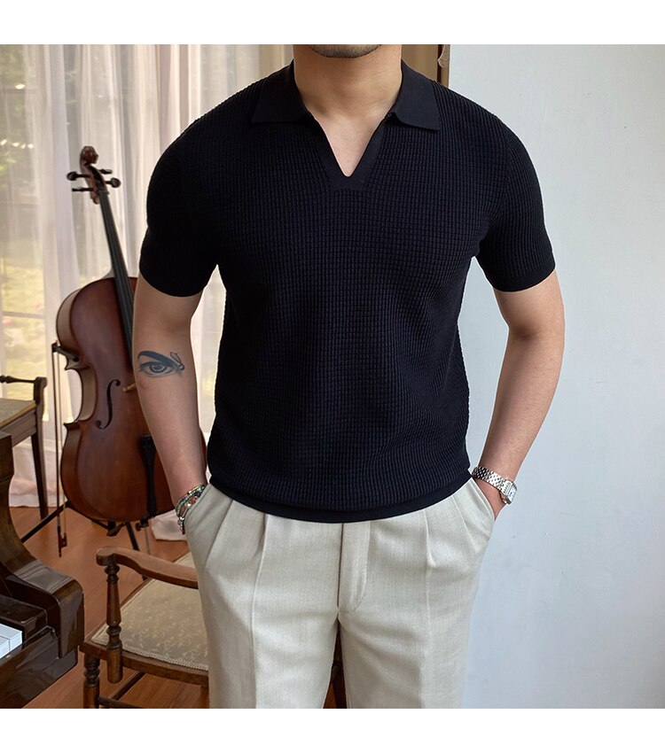 sanyamk Summer New V-neck Men's Solid Color Short-sleeved T-shirt British Slim Lapel Knitted Striped Casual Polo Shirt
