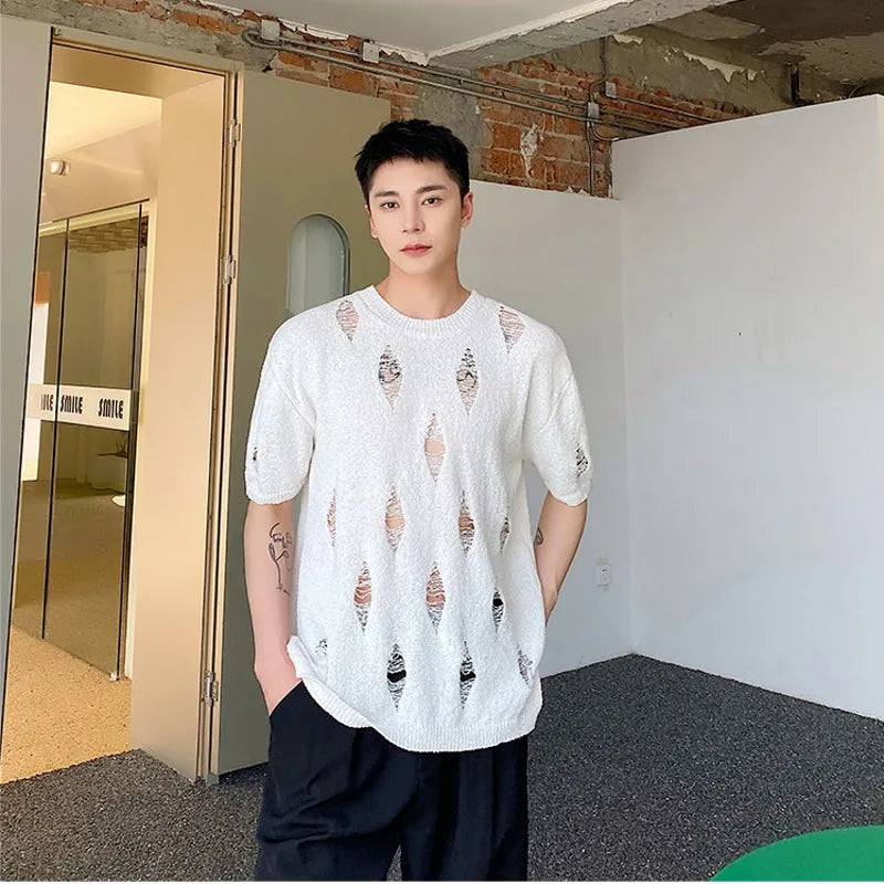sanyamk - Summer Fashion Knitted Holes T-Shirts Men Black White Short Sleeve Stretch Tops Tees Young Personalized Streetwear Clothing