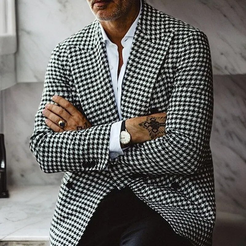 sanyamk Double Breasted Houndstooth Blazer for Men Peaked Lapel Custom Made Wedding Suit Jacket Male Fashion Coat
