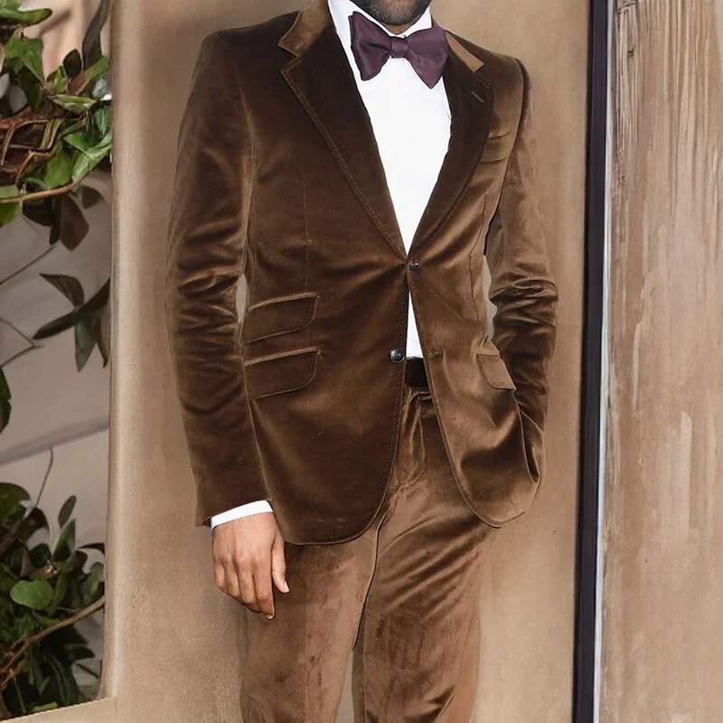 sanyamk Brown Velvet Prom Suits for Men Slim Fit 2 Piece Wedding Groom Tuxedos Male Suit Jacket with Pants Fashion Notched Lapel Blazer