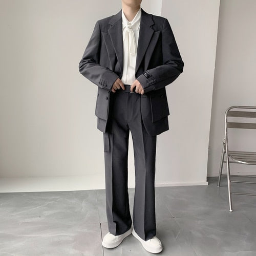 sanyamk Double Collar Design Suits Sets Men Fashion Show Korean Office Business Casual Suits Blazer Jacket Pant Streetwear Suits Man