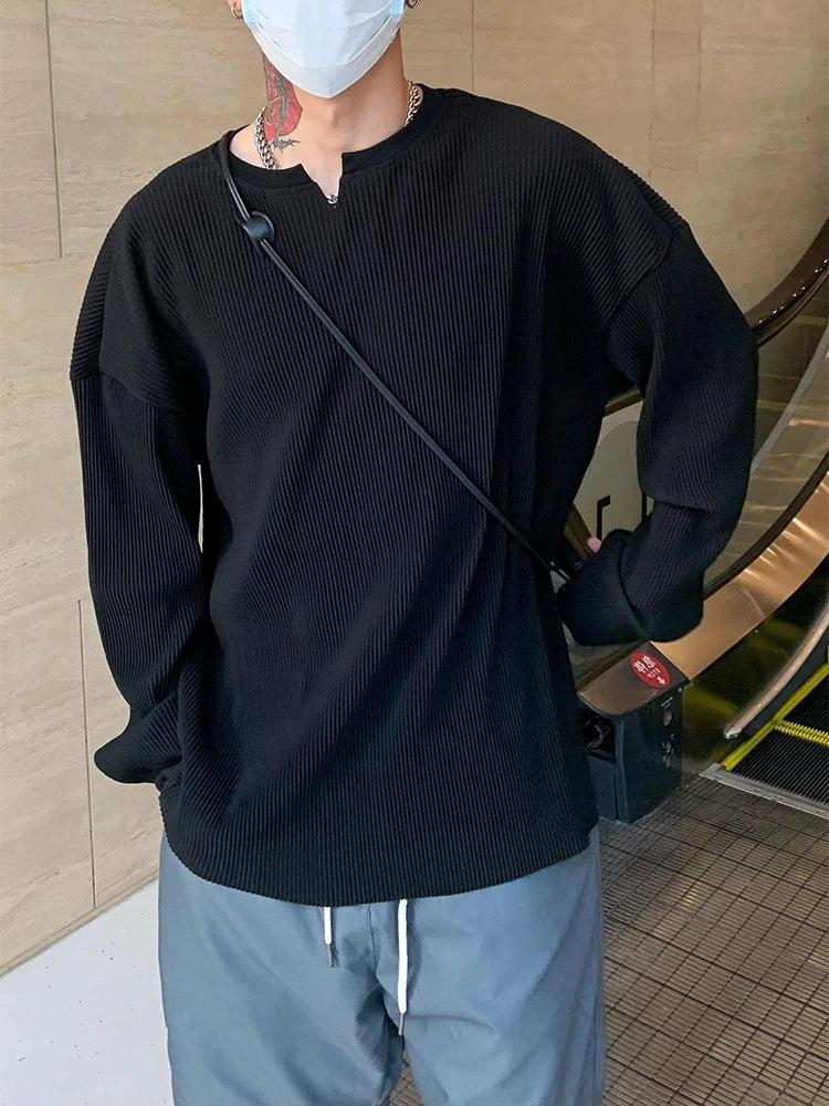 sanyamk - Pleated Design Drape V Neck T Shirt Men Stylish Pure Color Long Sleeve Loose T-shirts Fall New Casual Mens Pullovers Streetwear