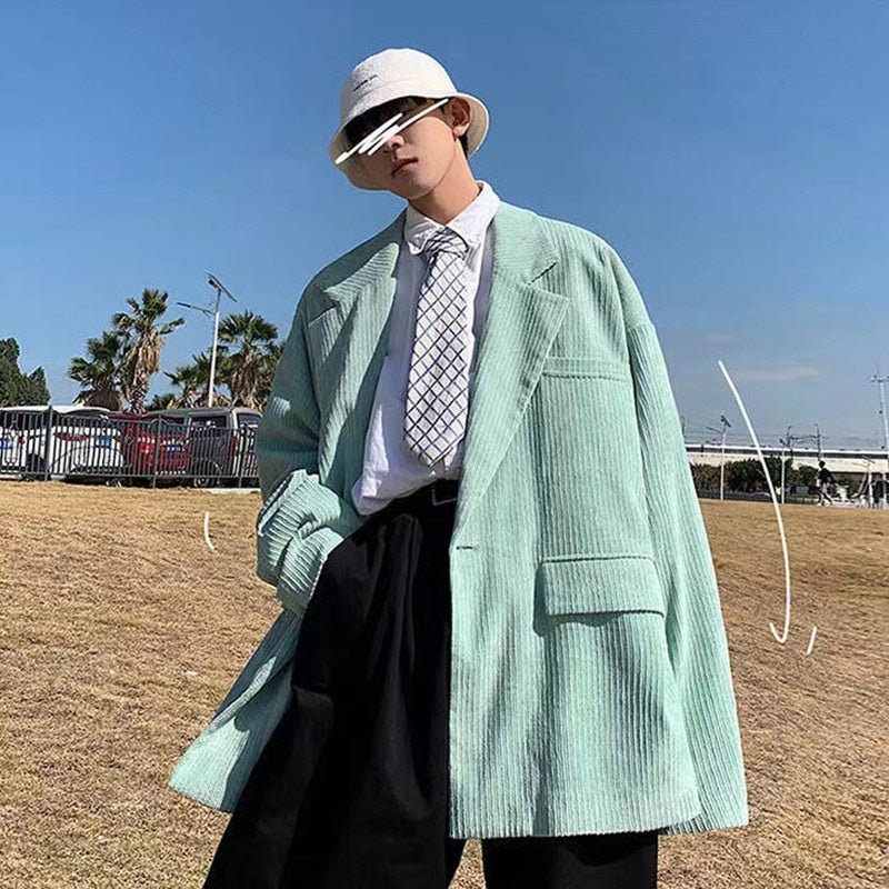 sanyamk Men's Fashion Corduroy Fabric Suit Jackets Leisure Korean Trend Coats Streetwear Loose 3 Color Western-style Clothes S-2XL