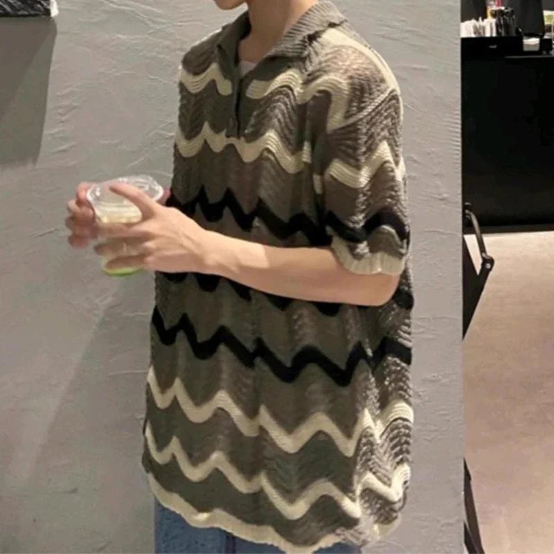 sanyamk - Leisure Hollow Out Knitted T Shirt Men Casual Lapel Button Short Sleeve Knit Tops Mens Summer Fashion Striped Knitting T-shirts