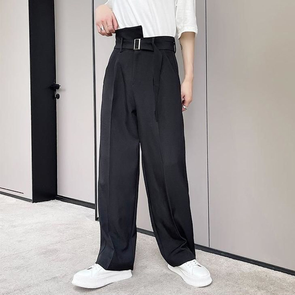 Bonsir New Trend Loose Wide Leg Fashion Suit Pants Men High Waist Casual Pants Korean Ribbon Belt Streetwear Hip Hop