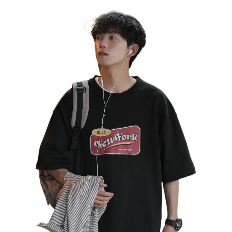 sanyamk - Hot Selling New Summer T-shirts for Boys, Loose Print, Large Hong Kong Style Inner Layer, Short Sleeves