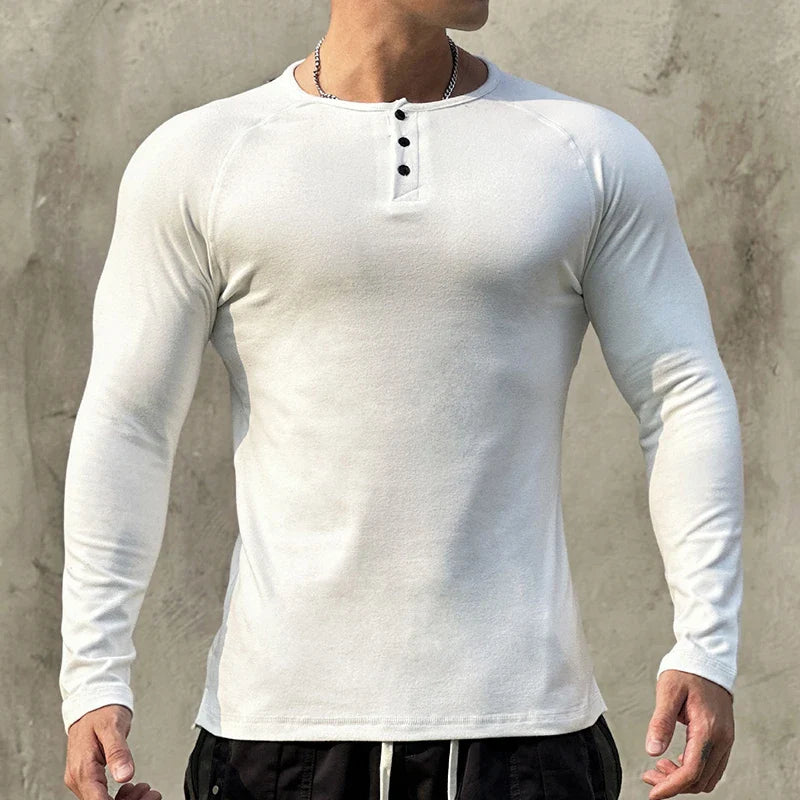 sanyamk - Casual Long Sleeve Solid T-shirt Gym Man Long Sleeve Henry Collar Shirt Muscle Men Elastic Ribbed Basic Tops Pullover Streetwear