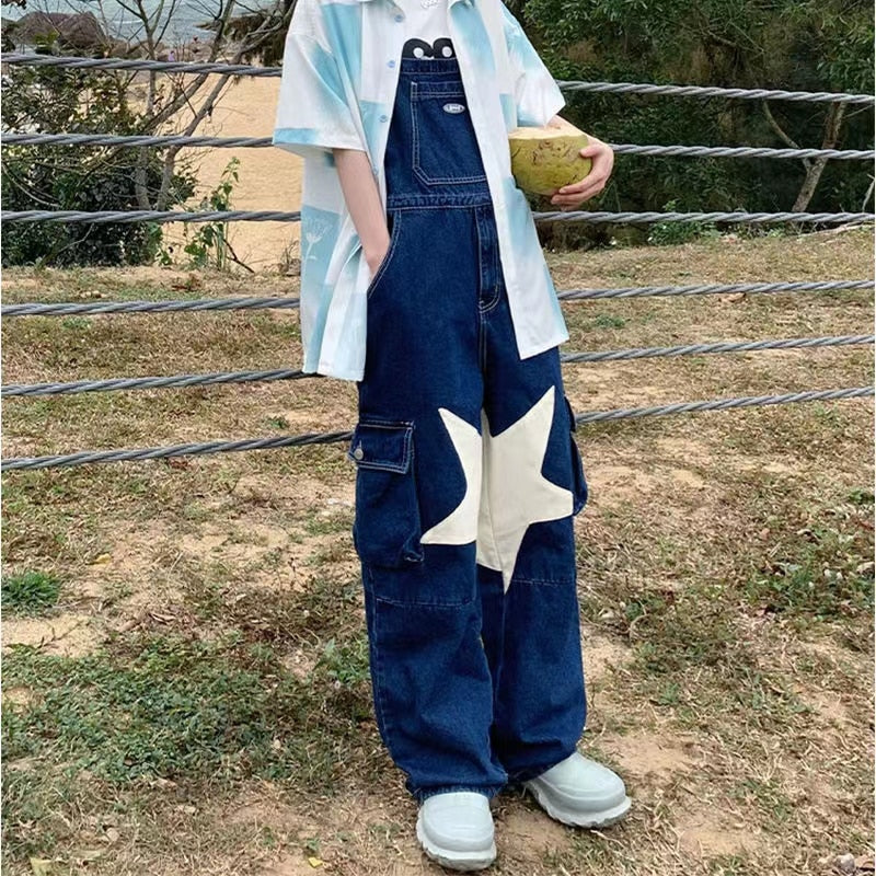 sanyamk Women's Vintage Fashion Romper Jumpsuit Star Printing Denim Suspenders American Streetwear Casual Pants Trend Trousers S-XL