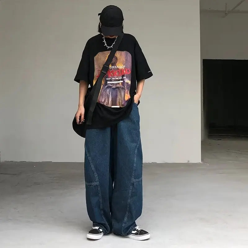 sanyamk New Streetwear Patchwork Jeans Cargo Pants Loose Plus Size Wide Leg Pants Harajuku Casual Denim Pants Men Clothing Y2K