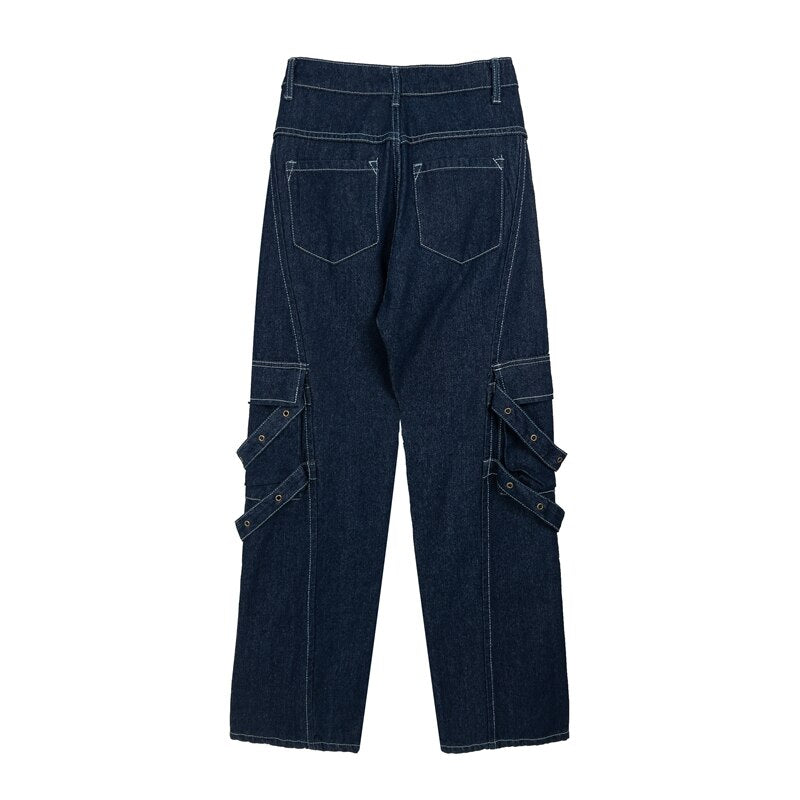 Bonsir Harajuku Solid Color Multi-pockets Jeans Pants Men and Women Straight Cargo Pants Washed Streetwear Baggy Casual Denim Trousers