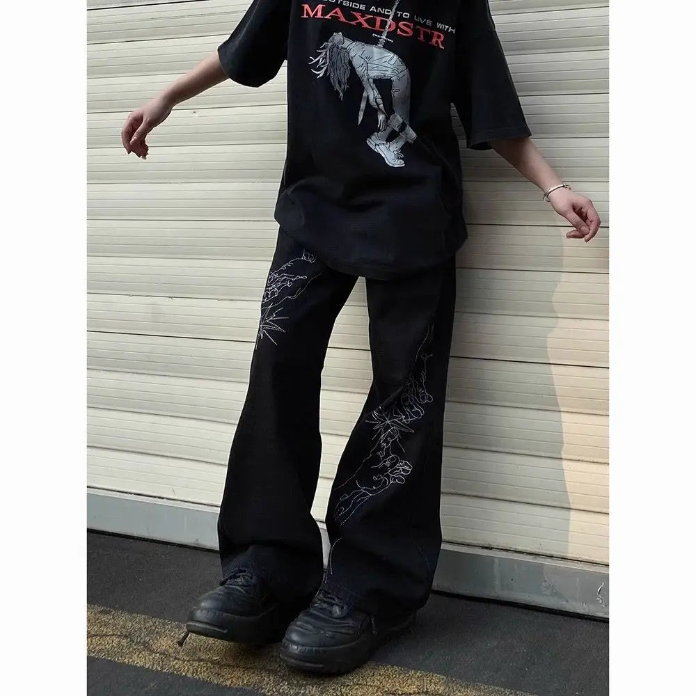 sanyamk American retro high street trendy and personalized graphic straight leg jeans for men and women hip-hop loose casual floor mops