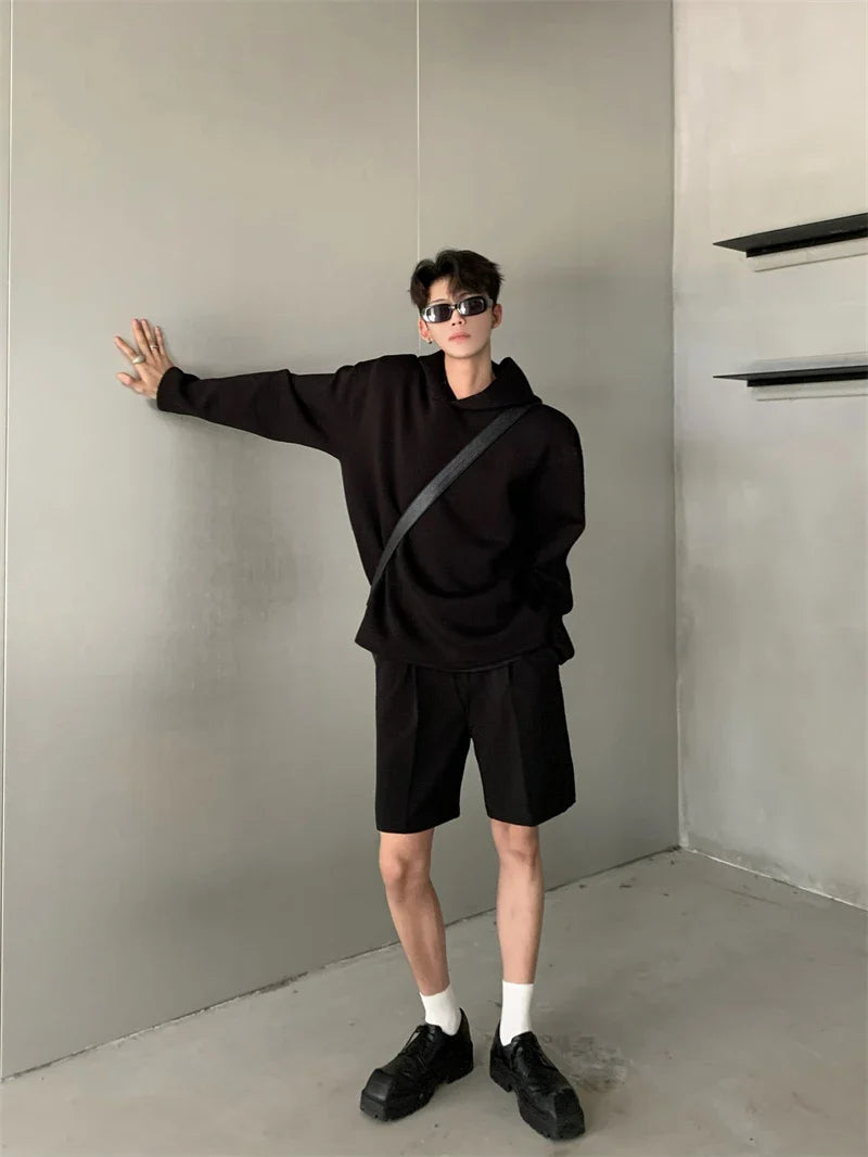 sanyamk - Men Solid Color Sets Casual Fashion 2 Piece Sets Space Cotton Stand Collar Button Loose Hoodies And Pants Korea Streetwear Style