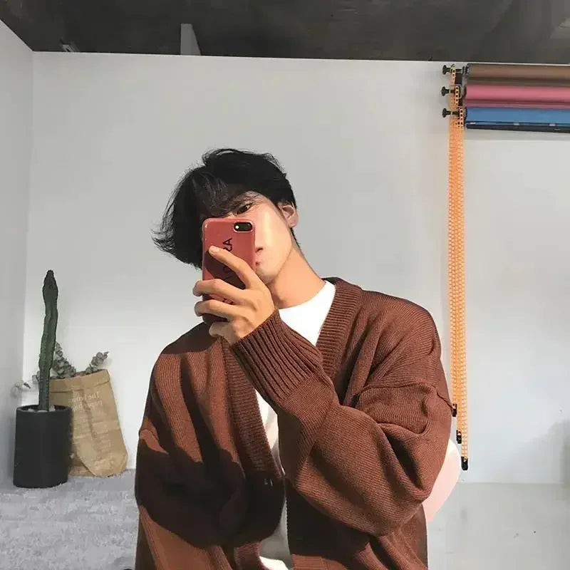 sanyamk Knit Sweater Male Coat Cardigan Men's Clothing White V Neck Plain Solid Color Jacket Korean Style Casual New in Maletry Classic