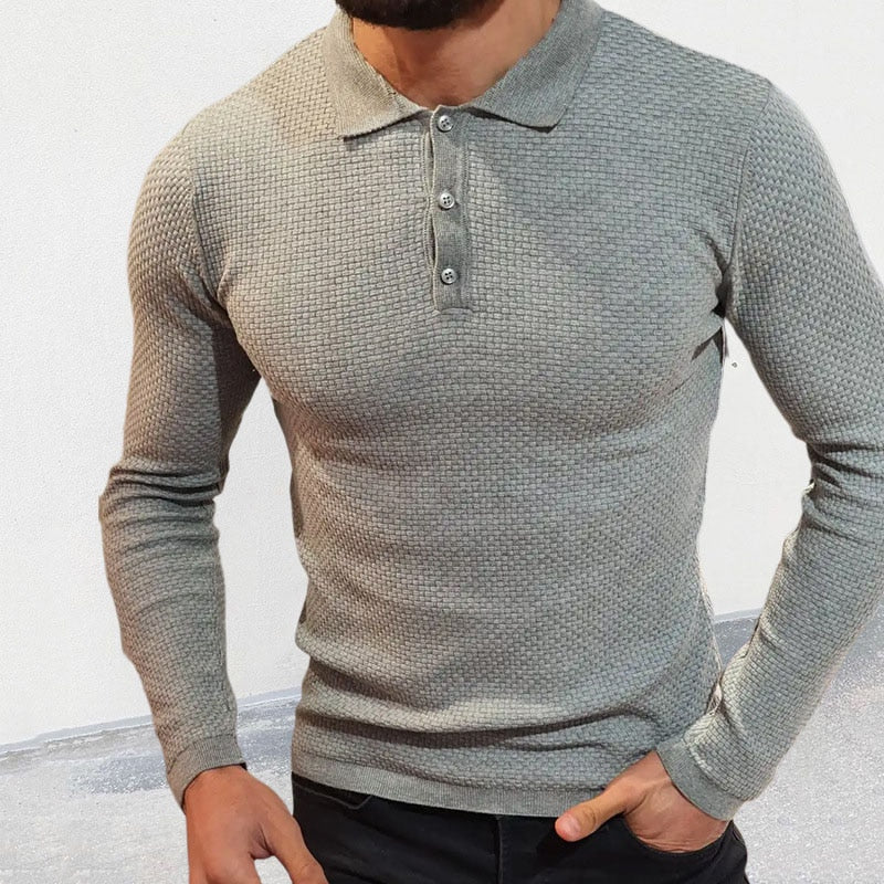 Bonsir Fall Men Polo Shirts Knitted Slim Elastic Long Sleeve Tops Vintage Solid Color Turn-down Collar Buttoned Pullover Men's T-Shirt