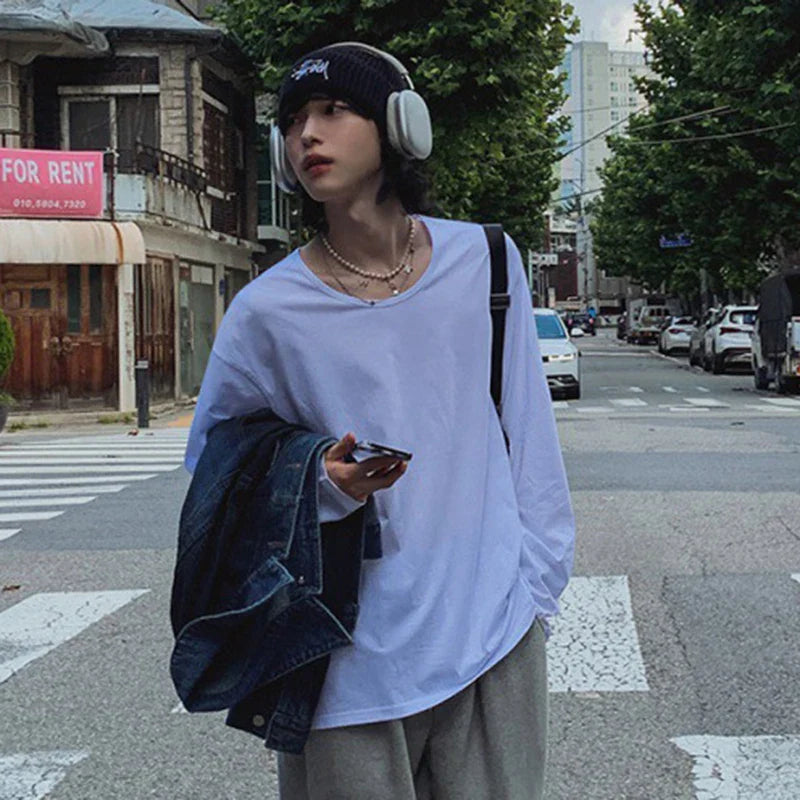 sanyamk - Men's T-shirts Korean Style Casual Large Neckline Round Collar Solid Color Long Sleeve Loose Male Tees New Simple 9C7619
