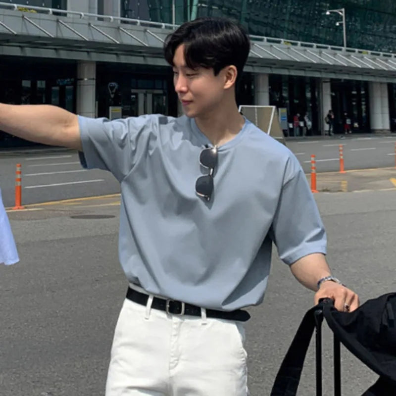 sanyamk - Summer Men's Casual T-shirts Round Neck Short Sleeve Male Tops Solid Color Pullover Clothing New Fashion 2024 9C6241