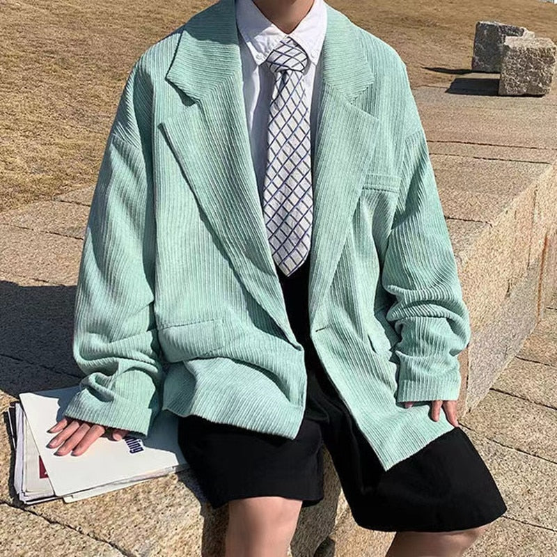 sanyamk Men's Fashion Corduroy Fabric Suit Jackets Leisure Korean Trend Coats Streetwear Loose 3 Color Western-style Clothes S-2XL