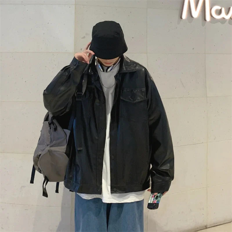 sanyamk Black Faux Leather Jacket Men Autumn Mens Hip Hop Jacket PU Leather Male Oversize Streetwear Korean Trend Jackets Coats