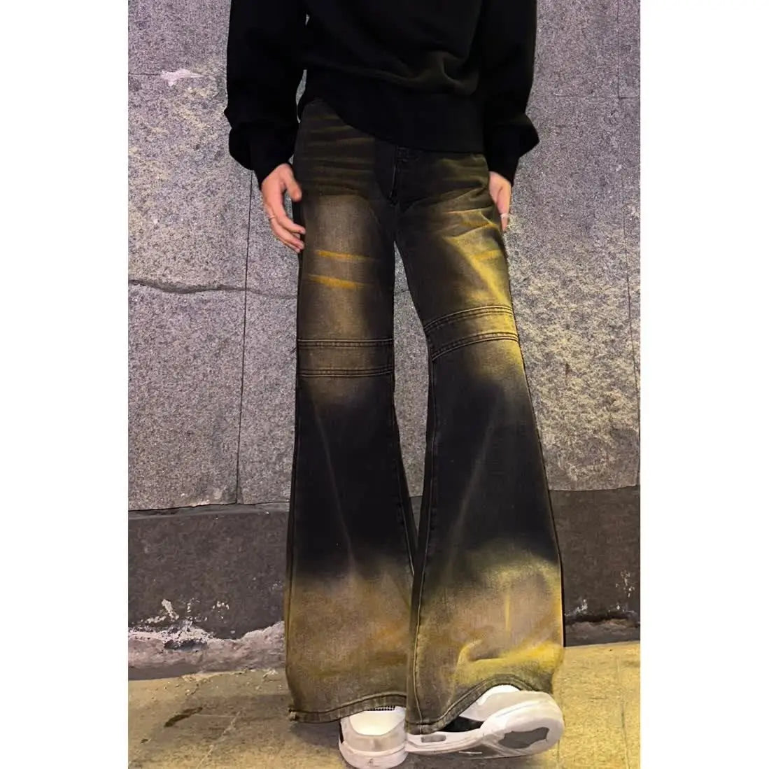 sanyamk High street hip-hop men and women trendy washed personalized micro trumpet retro patchwork jeans American loose casual pants