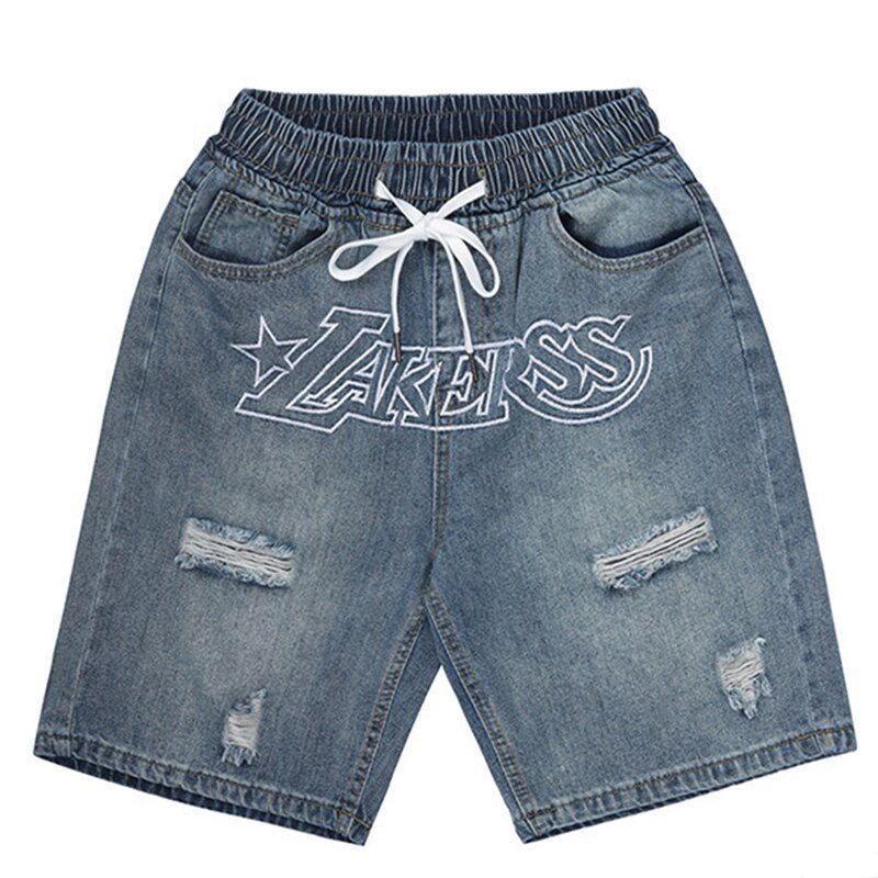 Bonsir Men's Denim Shorts Letter Embroidery Ripped Hole Short Jeans Women Wide Leg Shorts Hip Hop Drawstring Vintage Denim Pants Summer