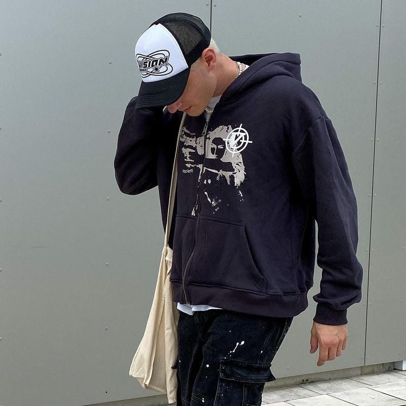 Bonsir Hip Hop Men's Hoodies Sweatshirt Women Punk Sport Loose Coat Anime Print Gothic Streetwear Long Sleeve Street Zip Y2k Hoodie