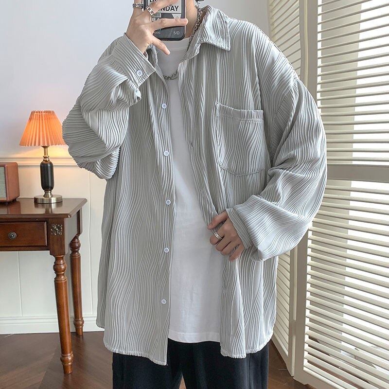 Bonsir Autumn Pleated Shirt Men Fashion 4-color Casual Ice Silk Shirt Mens Japanese Loose Long-sleeved Shirt Mens Large Size M-5XL