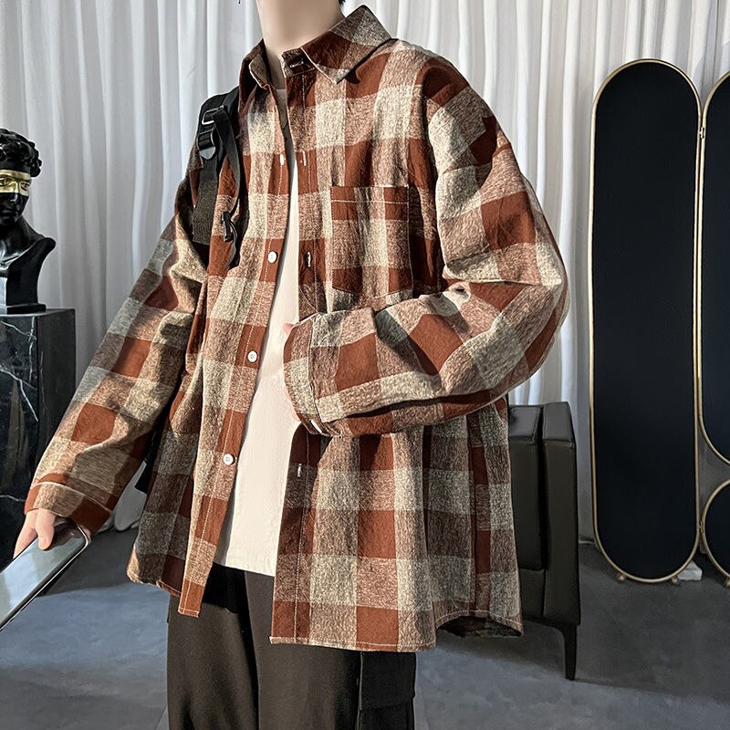 Bonsir Autumn Long Sleeve Shirt Men Fashion Retro Contrast Color Oversized Casual Shirts Mens Streetwear Korean Loose Plaid Shirts Men