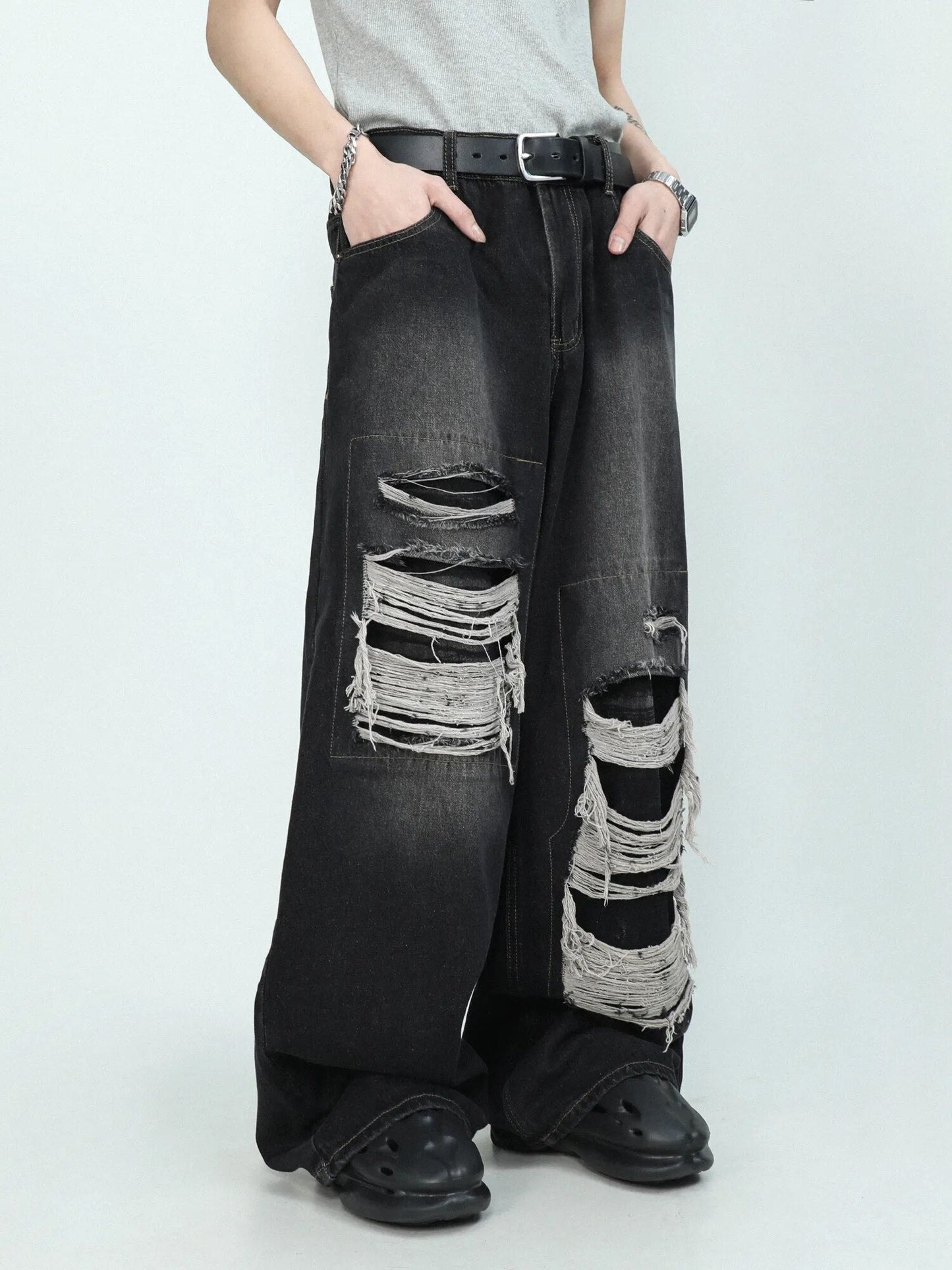 sanyamk American High end Perforated Denim Pants for Men's Design Sense Small and Loose Wide Leg Straight Leg Pants hiphop