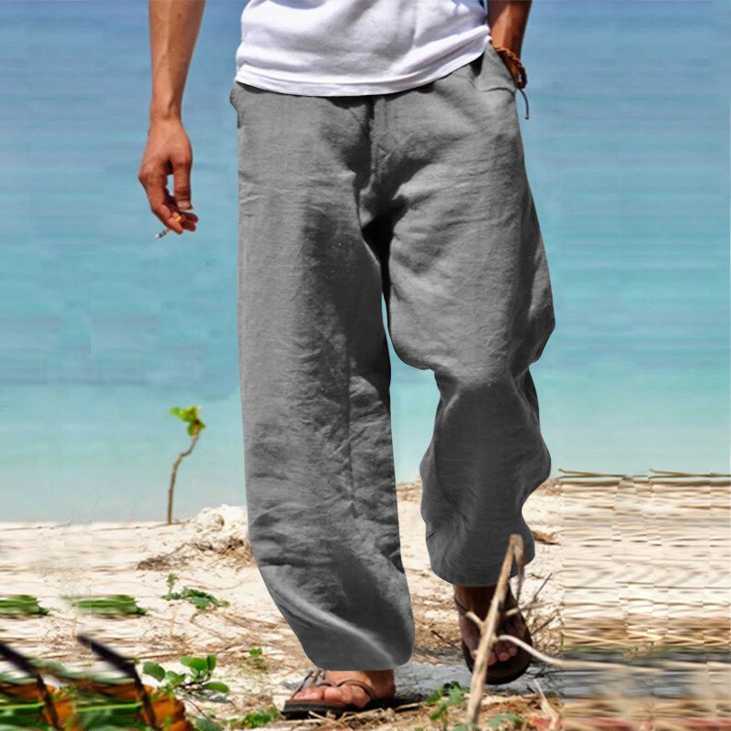 Bonsir Spring Summer Vintage Men's Solid Color Cotton Linen Long Pants Casual Trousers Men Leisure Drawstring Beach Pants