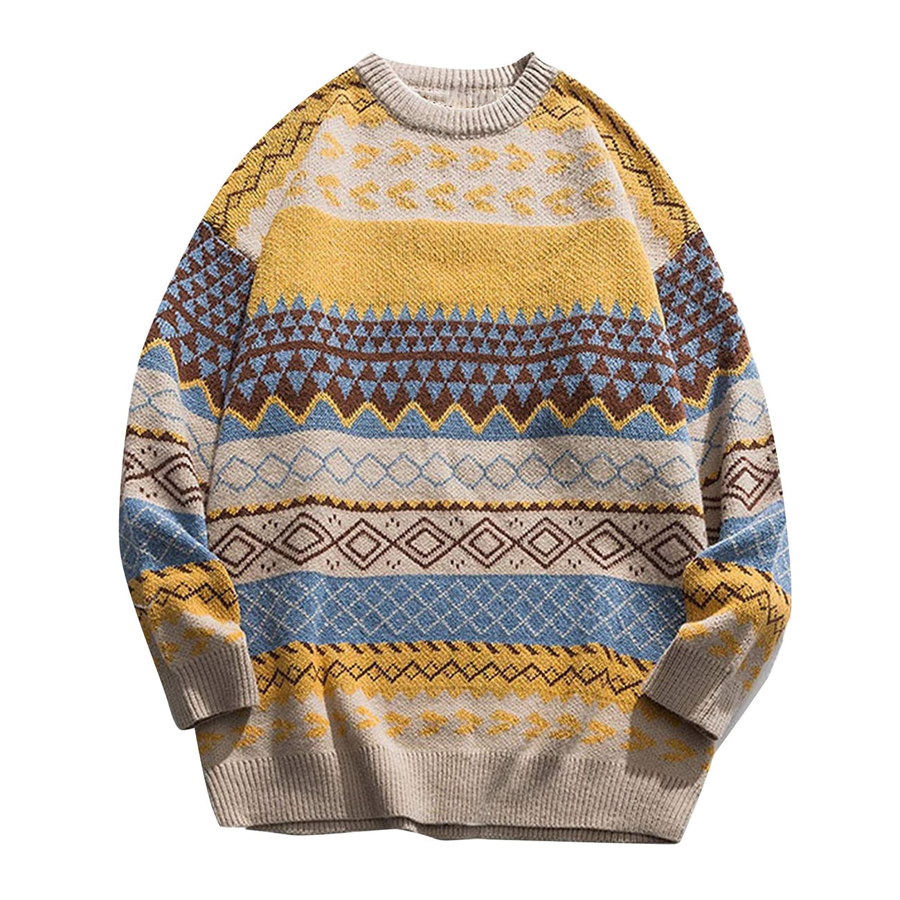 Bonsir Vintage Print Colorblock Sweater Oversize Warm Elasticity Sweater Men Women Autumn Winter New Fashion Loose Pullovers
