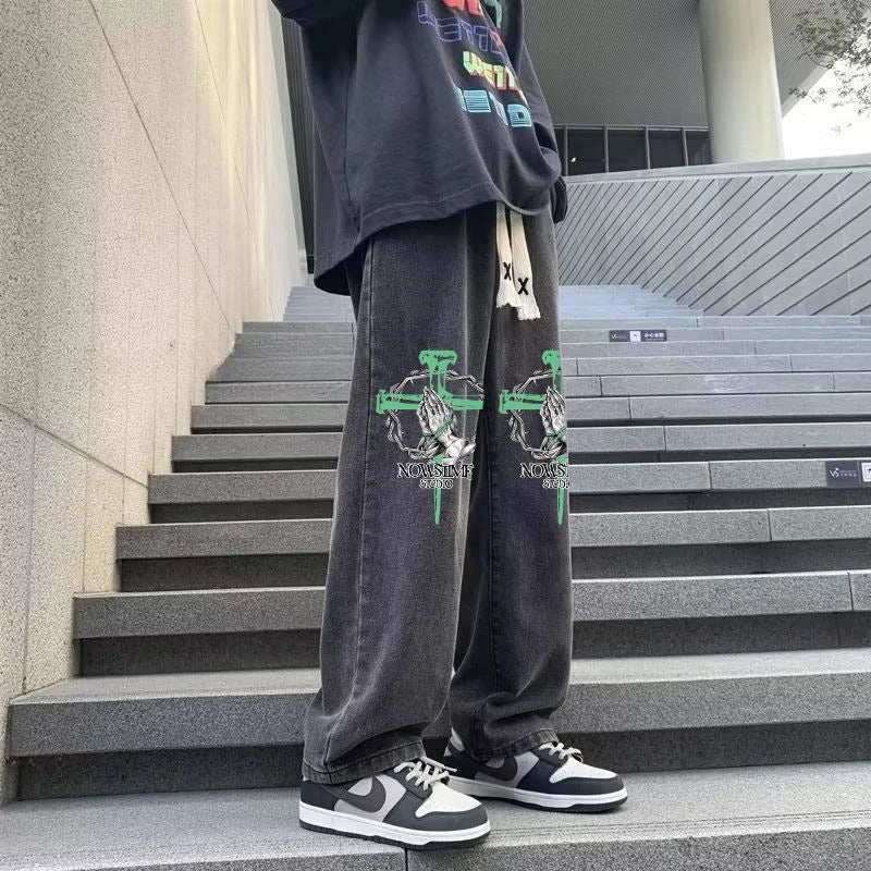 sanyamk Fashion Elastic Waist Printed Jeans Autumn Gothic High Street Causal Loose Drop Long Pants Men Trousers Male Clothes