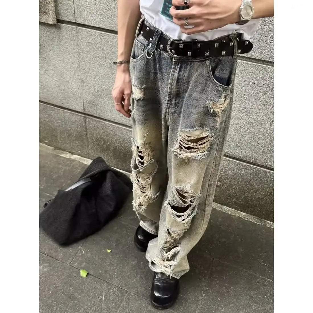 sanyamk American hip-hop street loose vintage washed hole straight leg jeans for men and women trendy and personalized casual pants y2k