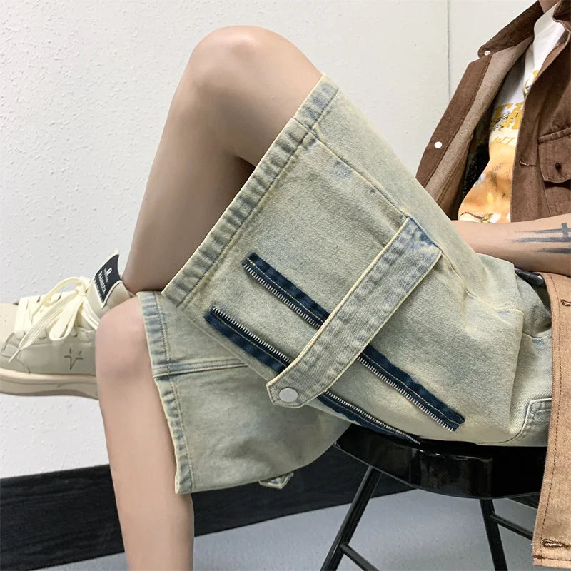 sanyamk Men Patchwork Oversized Jeans Shorts Streetwear Harajuku Denim Shorts New Hip Hop Vintage Blue Summer Casual Loose Shorts