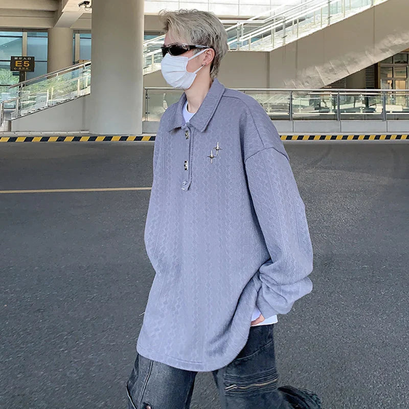 sanyamk - American Style Men's T-shirts Loose Metal Pattern Design Turn-down Collar Long Sleeve Casual Male Tees Strylish 9C6599