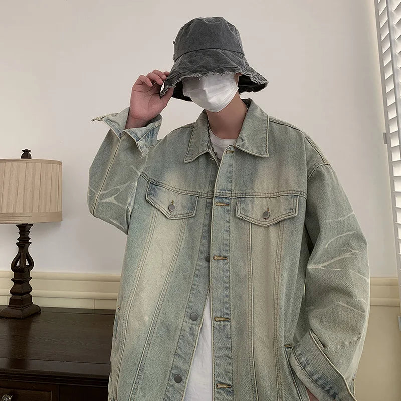 sanyamk American Style Gradient Denim Jacket Autumn High Street Causal Loose Ruffian Handsome Top Jackets Men Overcoat Male Clothes
