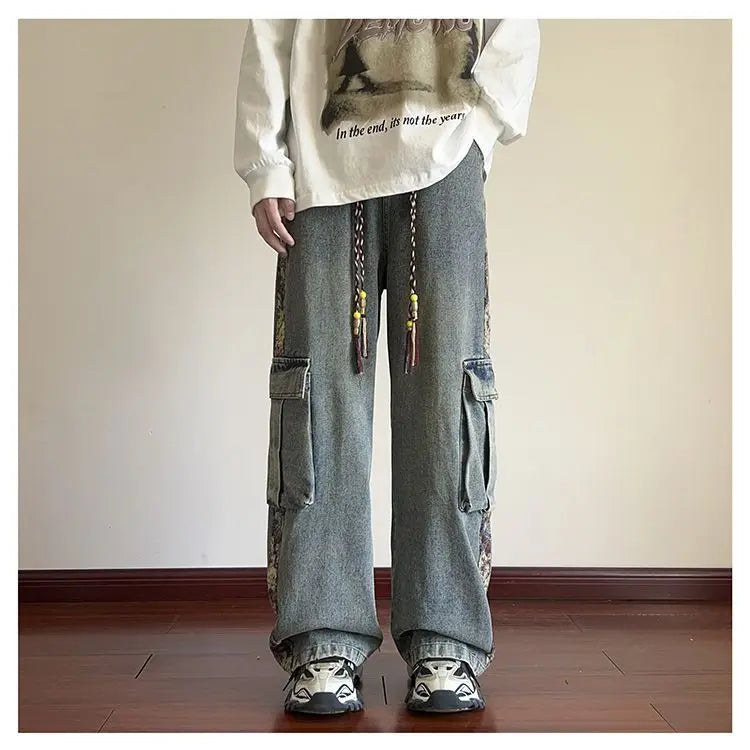 sanyamk Hip hop trend personalized straight leg retro washed workwear jeans American men and women street loose wide leg casual pants