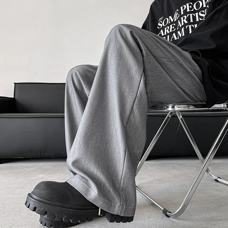 sanyamk Blue/Gray/Black Elastic Waist Suit Pants Men Fashion Society Pants Korean Loose Straight Casual Pants Mens Office Trousers