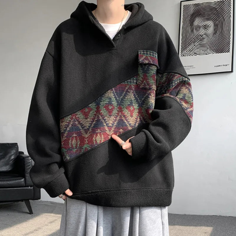 sanyamk - Korean Style Patchwork Men's Hoodie Contrast Color Pockets Casual Warm Male Fleece Sweatshirts 2024 Autumn Winter 9C8850