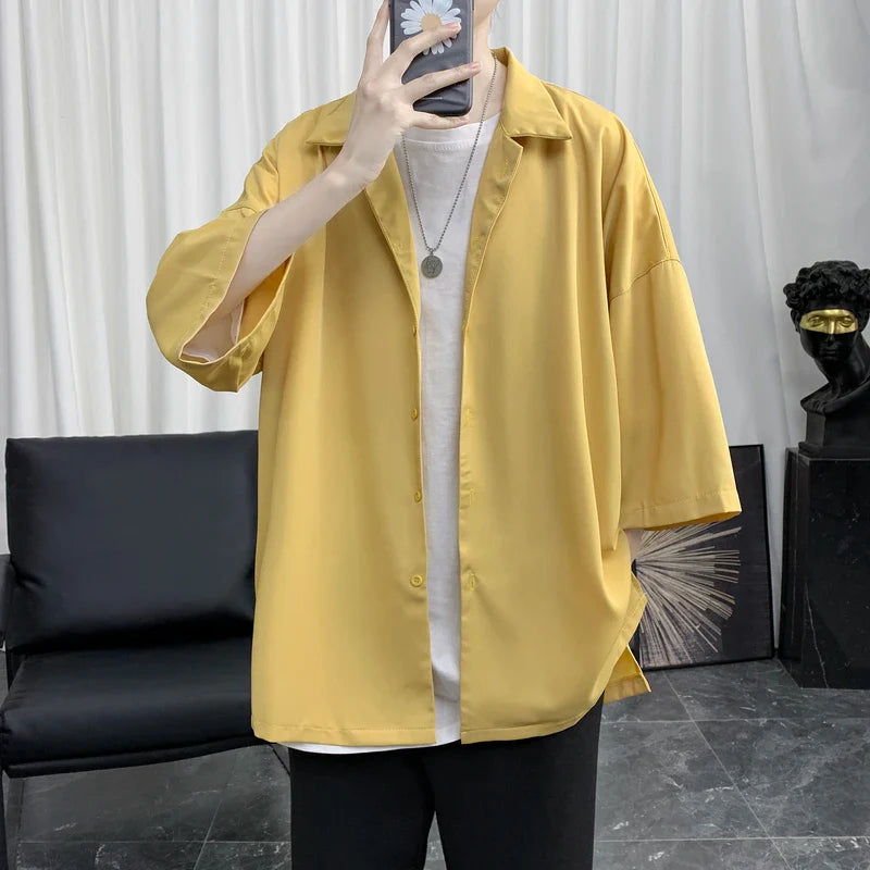 Bonsir Simple Solid Shirts Men Clothing Korean Loose Shirt Streetwear Chemise Homme Summer Half Sleeve Shirt Flat Collar Casual Tops