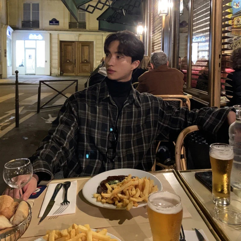 sanyamk Korean Plaid Shirt Men Oversized Fashion Retro Casual Shirt Men Streetwear Loose Long Sleeved Shirt Mens Black Vintage Shirts