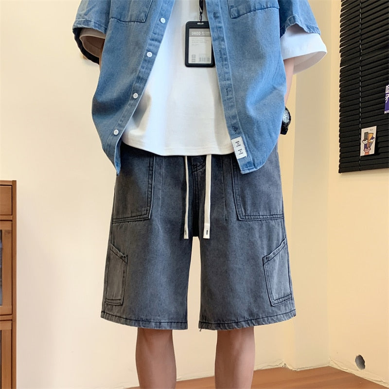 Bonsir Summer Denim Shorts Men Fashion Vintage Pocket Denim Shorts Mens Japanese Streetwear Hip-hop Loose Cargo Jeans Shorts Men M-3XL