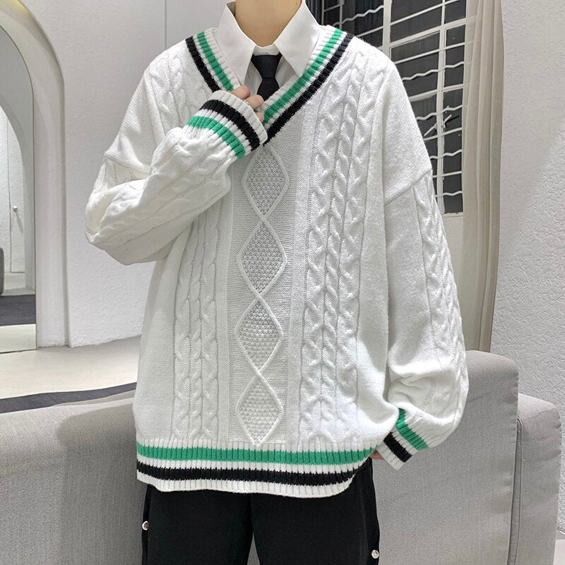 Bonsir Winter V-neck Sweater Men New Patchwork Color Knitted Sweater Pullover Harajuku Couple Streetwear Loose Knitwear Oversized 2XL