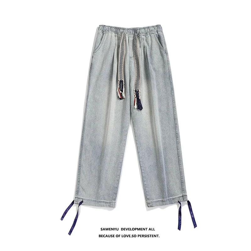 BONSIR - New Fashion Men Jeans Vintage Hip Hop Denim Pants Ethnic Pattern Drawstring Male Straight Loose Streetwear Baggy Cowboy Trousers