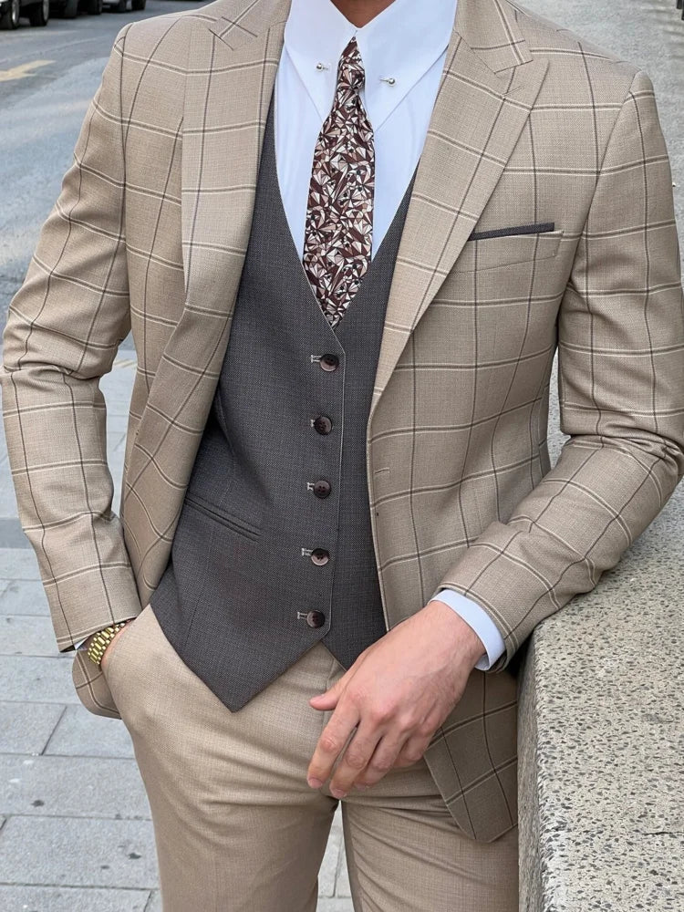sanyamk Beige Men Suit 3 Pieces Plaid Jacket Gray Vest One Button For Wedding Birthday Business Casual Set Jacket Vest With Pants