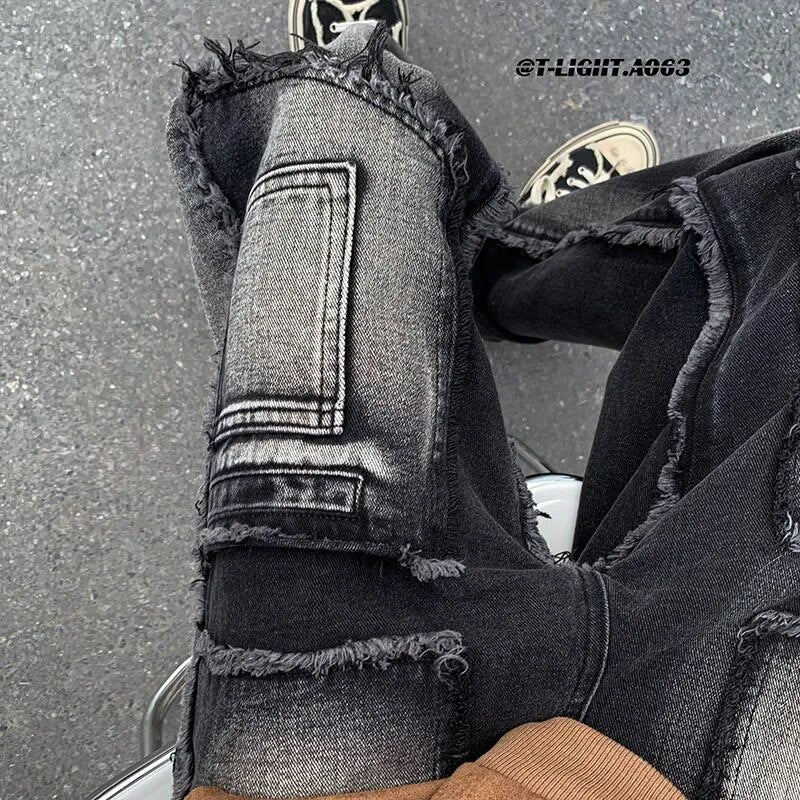 sanyamk American style raw edge multi-pocket street jeans trendy brand ruffian handsome fried street men's retro splicing tooling jeans