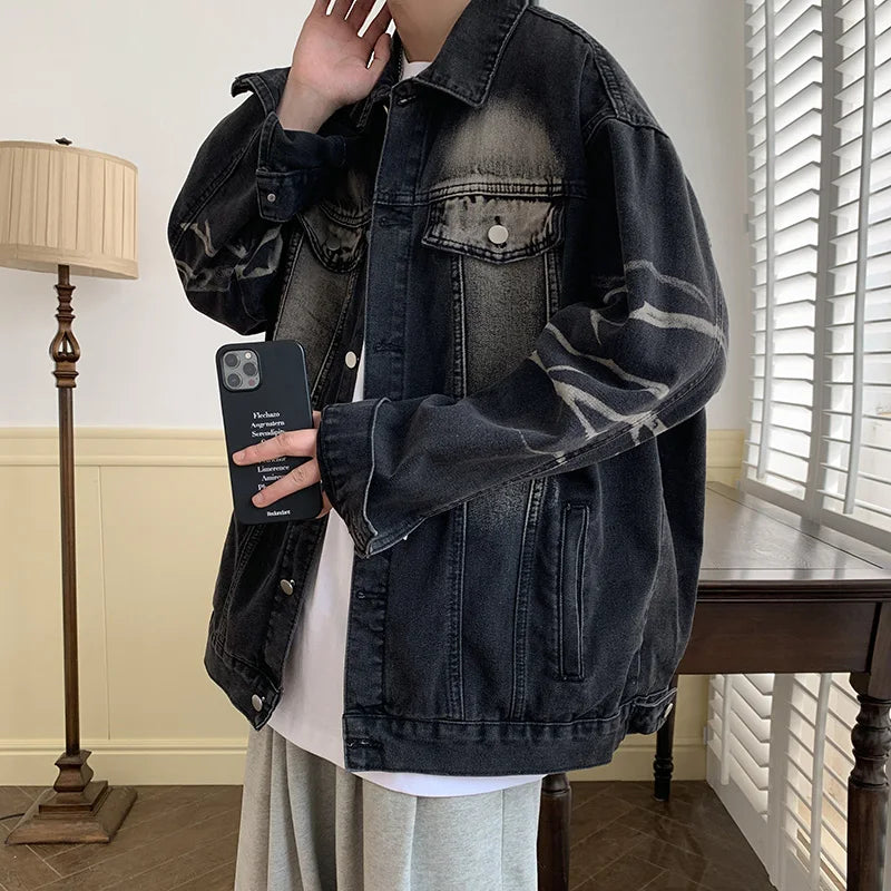 sanyamk American Style Gradient Denim Jacket Autumn High Street Causal Loose Ruffian Handsome Top Jackets Men Overcoat Male Clothes