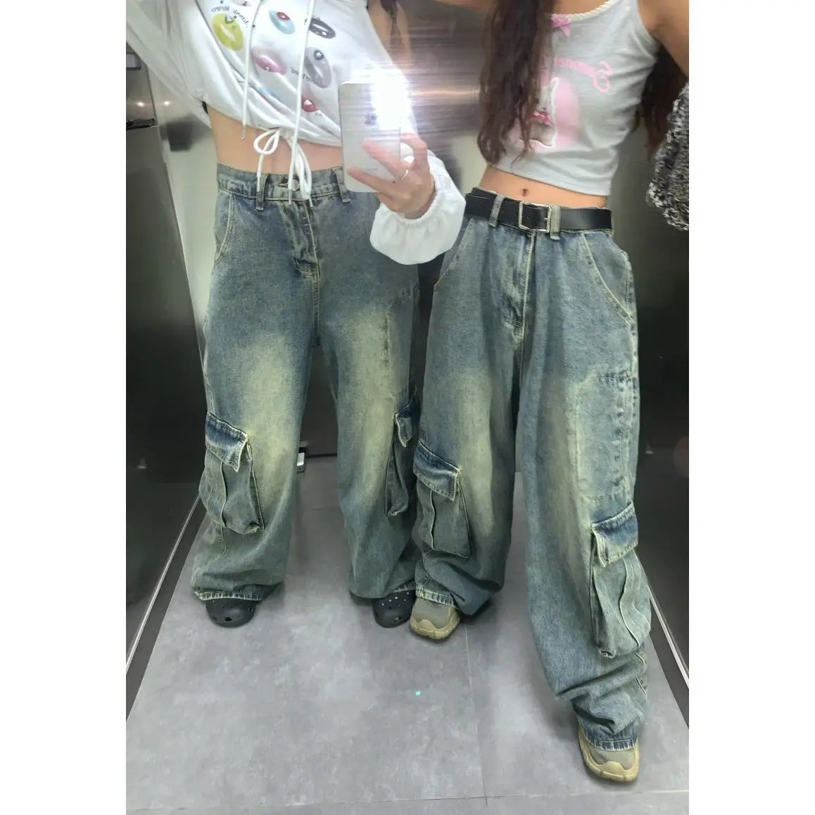 sanyamk American high street retro multi pocket design workwear jeans for men and women loose washed straight leg casual wide leg pants