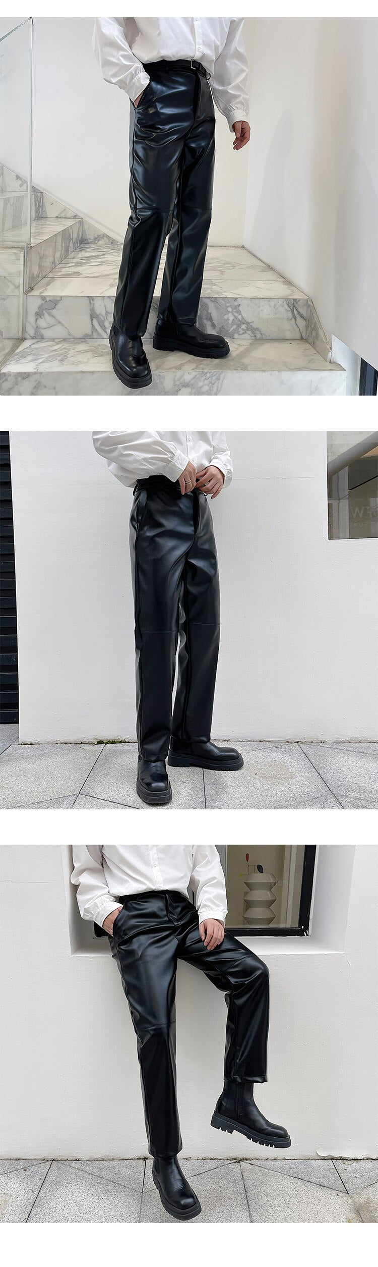 Bonsir Casual PU Leather Straight Trousers for Men Korean Streetwear Vintage Fashion Motorcycle Pants Male Niche Leather Pants